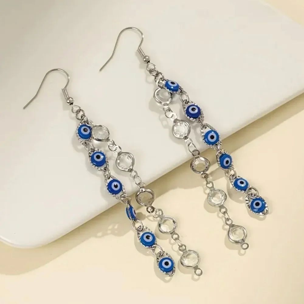 Silver Crystal & Evil Eye Tassel Dangle Earrings